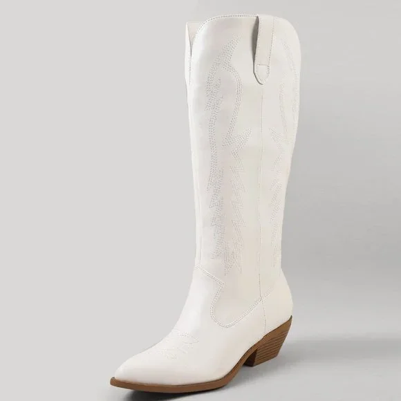 NEW🔥 White Pull On Embroidered Cowboy Cowgirl Western Knee High Boot Block Heel - Picture 3 of 4